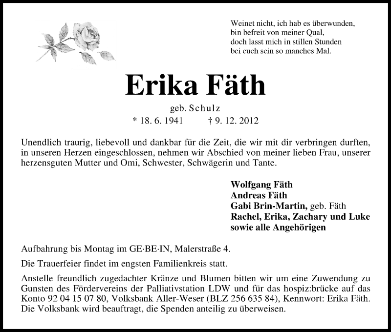 Traueranzeige von Erika Fäth von WESER-KURIER