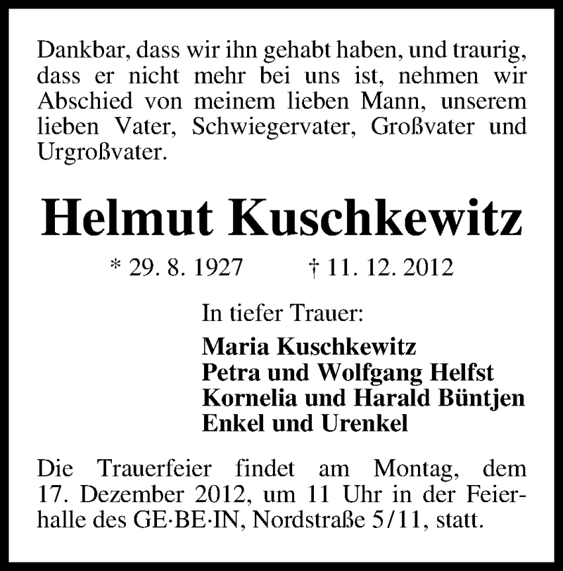 Traueranzeige von Helmut Kuschkewitz von WESER-KURIER