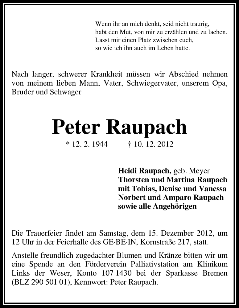 Traueranzeige von Peter Raupach von WESER-KURIER