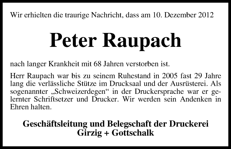 Traueranzeige von Peter Raupach von WESER-KURIER