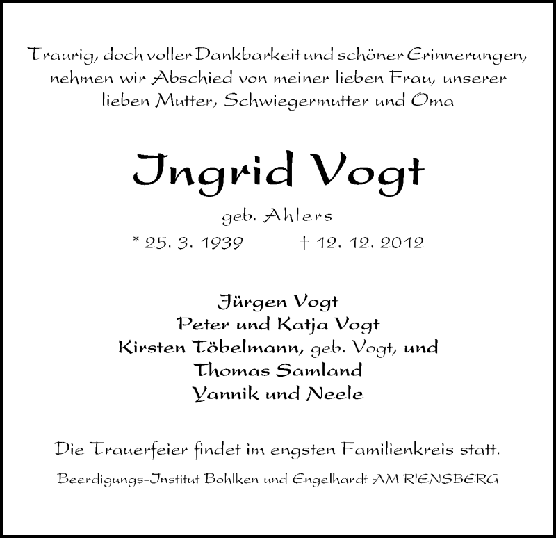 Traueranzeige von Ingrid Vogt von WESER-KURIER