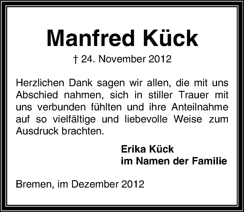 Traueranzeige von Manfred Kück von WESER-KURIER