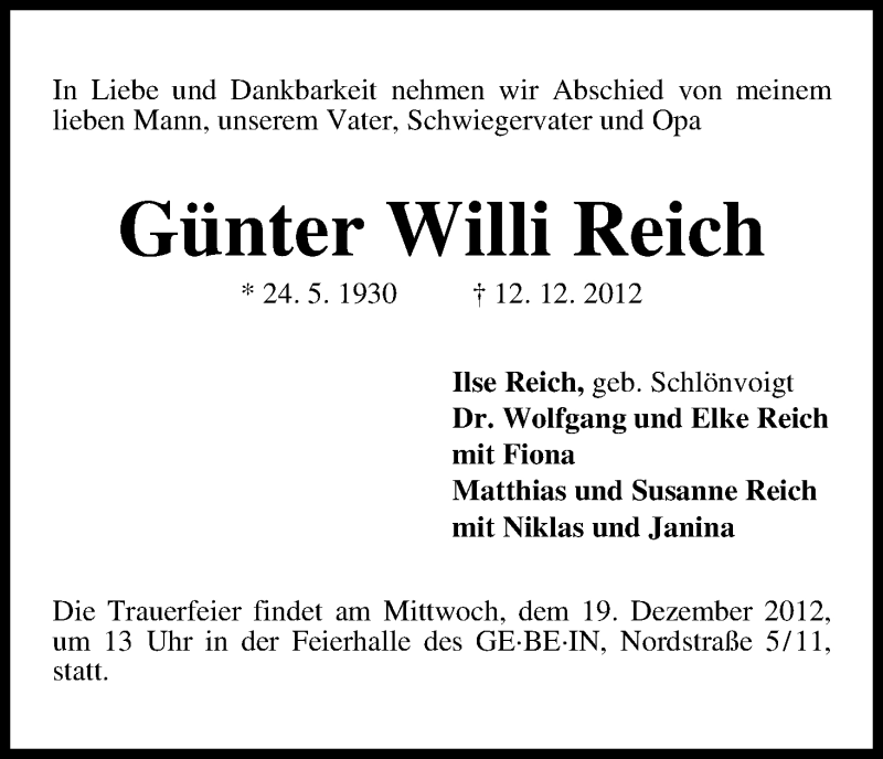 Traueranzeige von Günter Willi Reich von WESER-KURIER