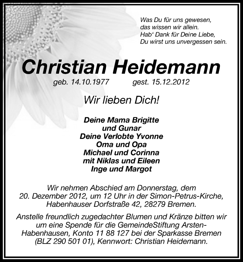 Traueranzeige von Christian Heidemann von WESER-KURIER