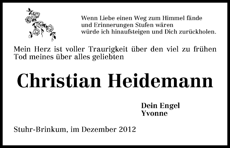 Traueranzeige von Christian Heidemann von WESER-KURIER