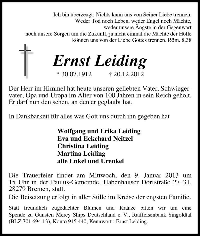 Traueranzeige von Ernst Leiding von WESER-KURIER