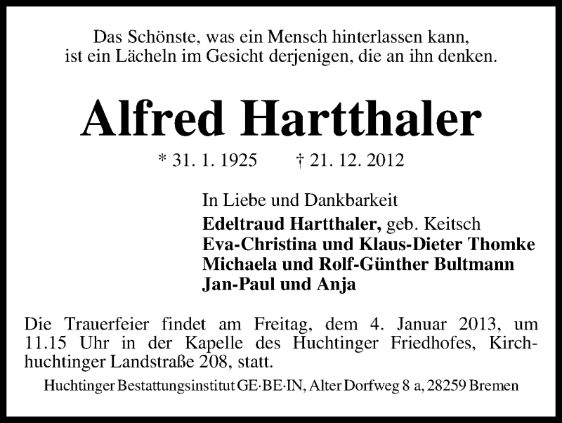 Traueranzeige von Alfred Hartthaler von WESER-KURIER