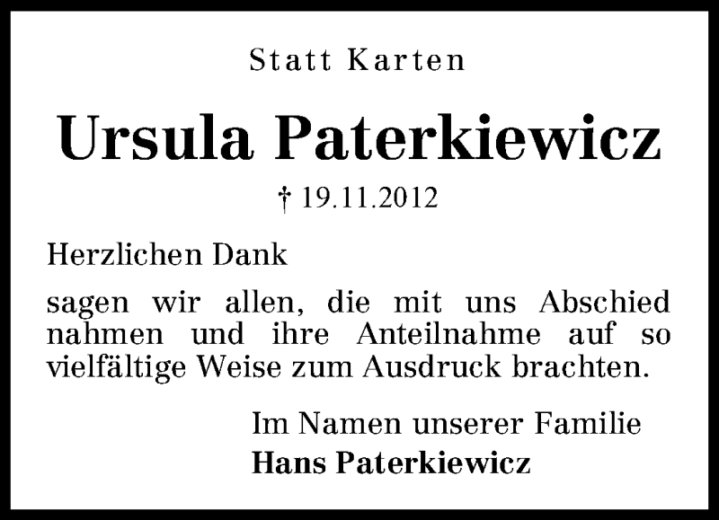 Traueranzeige von Ursula Paterkiewicz von WESER-KURIER