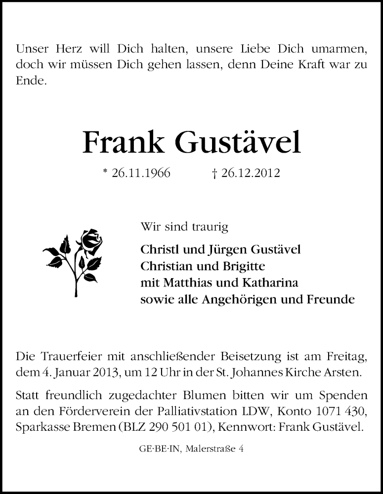 Traueranzeige von Frank Gustävel von WESER-KURIER