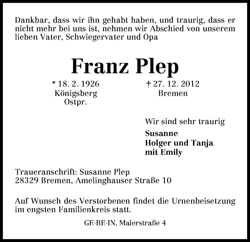 Traueranzeige von Franz Plep von WESER-KURIER