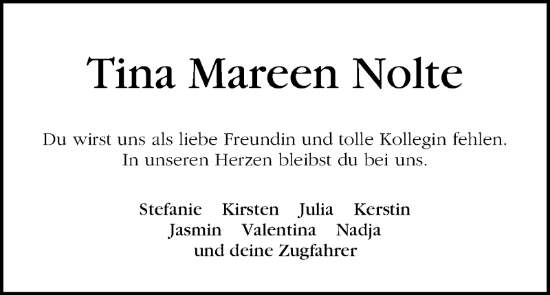 Traueranzeige von Tina Mareen Nolte von WESER-KURIER