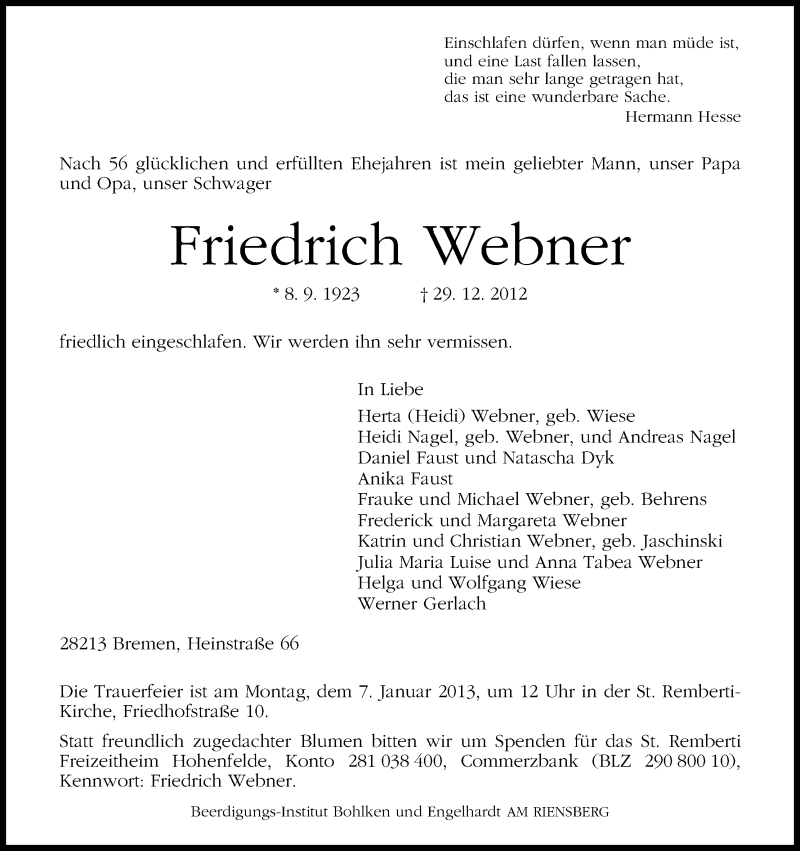 Traueranzeige von Friedrich Webner von WESER-KURIER
