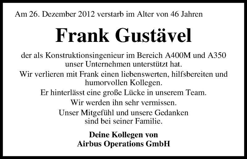 Traueranzeige von Frank Gustävel von WESER-KURIER