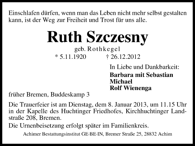 Traueranzeige von Ruth Szczesny von WESER-KURIER