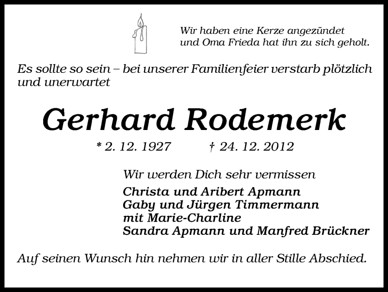 Traueranzeige von Gerhard Rodemerk von WESER-KURIER