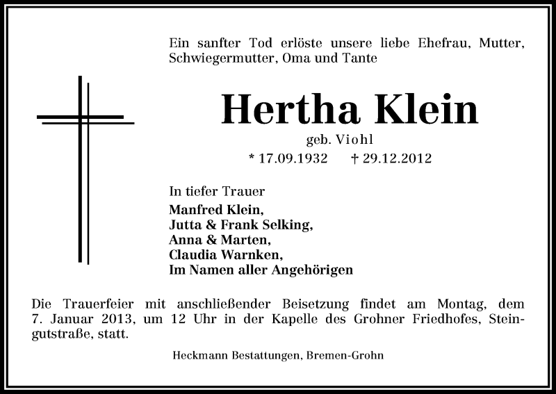 Traueranzeige von Hertha Klein von WESER-KURIER