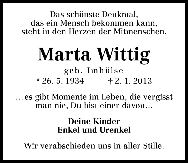 Traueranzeige von Marta Wittig von WESER-KURIER