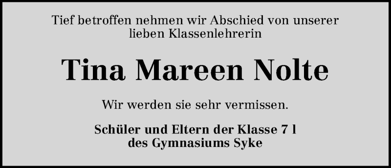 Traueranzeige von Tina Mareen Nolte von WESER-KURIER