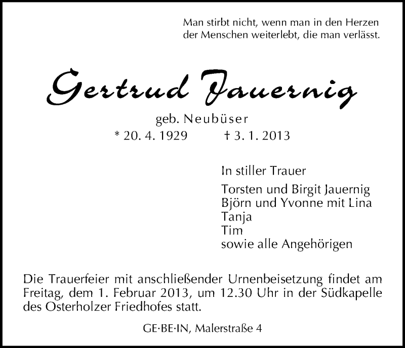Traueranzeige von Gertrud Jauernig von WESER-KURIER