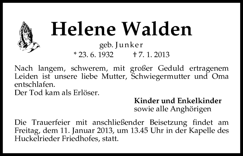 Traueranzeige von Helene Walden von WESER-KURIER