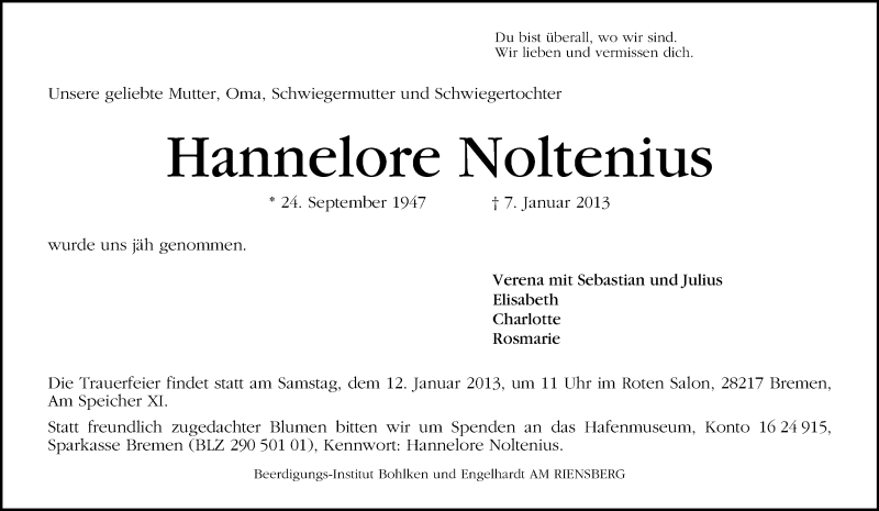 Traueranzeige von Hannelore Noltenius von WESER-KURIER