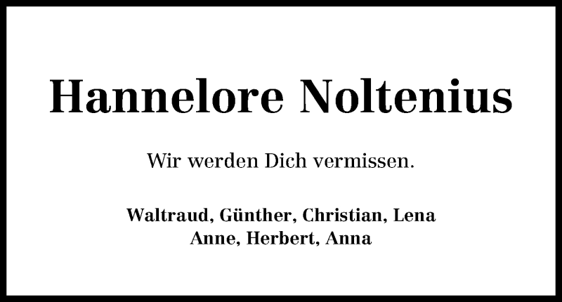 Traueranzeige von Hannelore Noltenius von WESER-KURIER