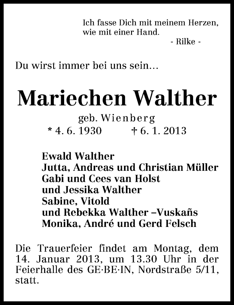 Traueranzeige von Mariechen Walther von WESER-KURIER