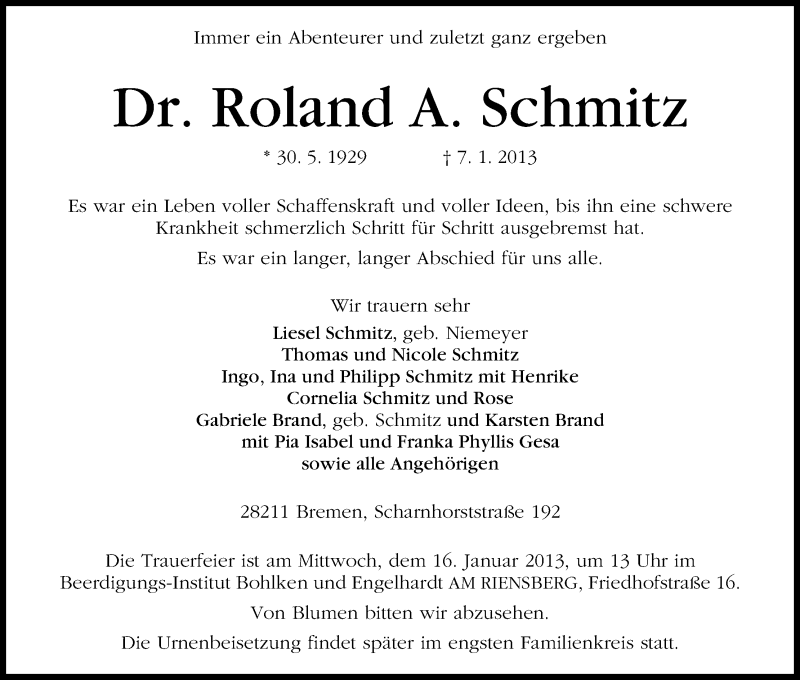 Traueranzeige von Roland A. Schmitz von WESER-KURIER
