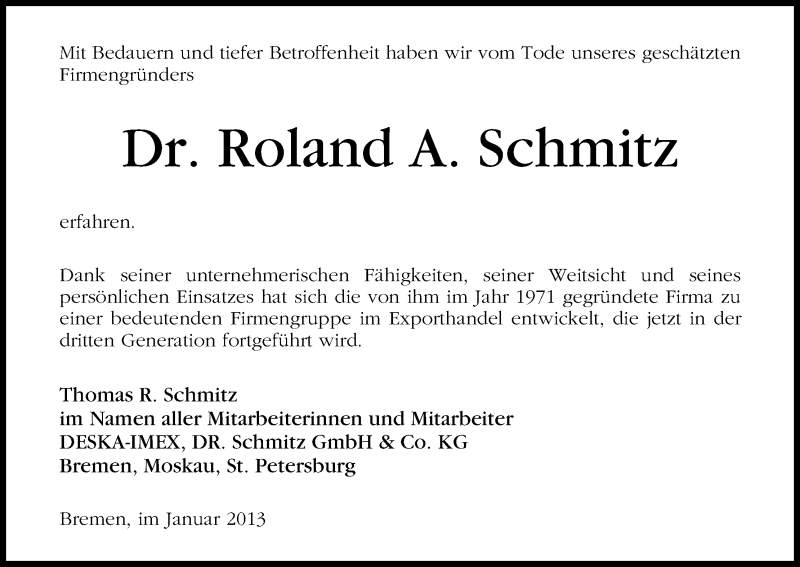 Traueranzeige von Roland A. Schmitz von WESER-KURIER