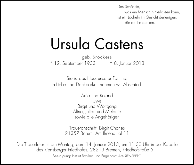 Traueranzeige von Ursula Castens von WESER-KURIER