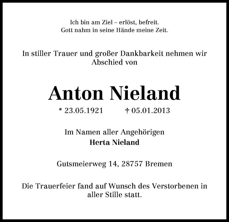 Traueranzeige von Anton Nieland von WESER-KURIER