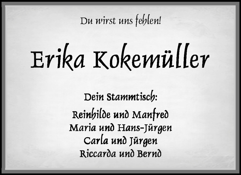 Traueranzeige von Erika Kokemüller von WESER-KURIER