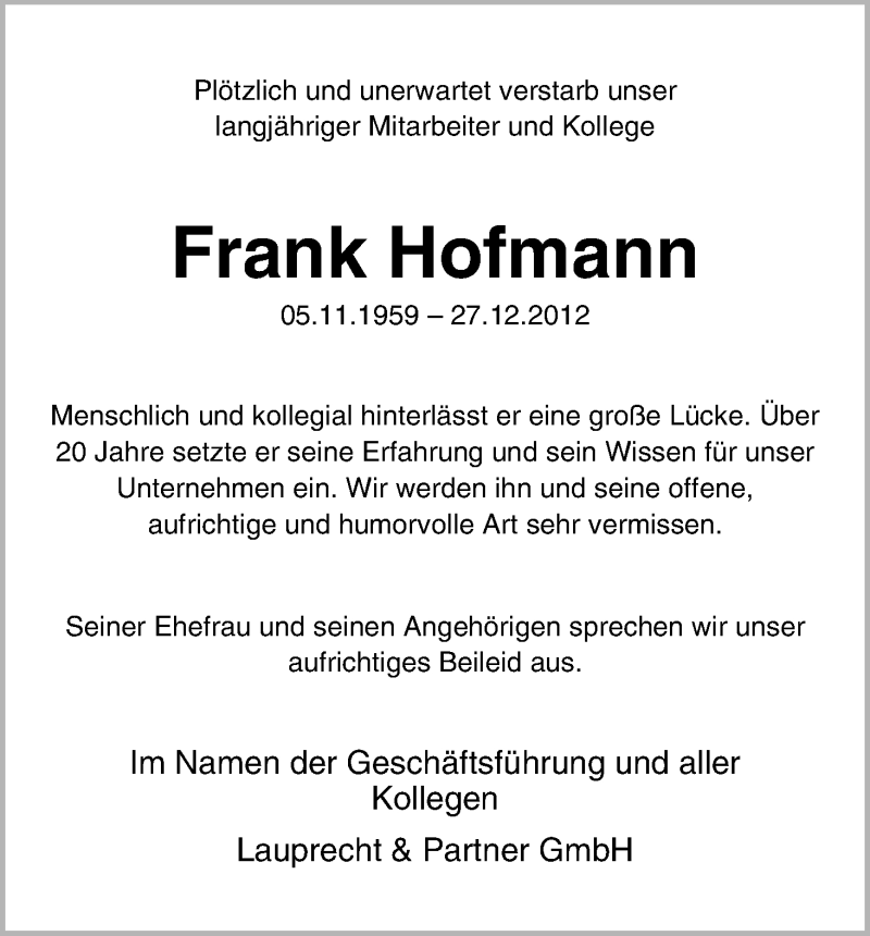 Traueranzeige von Frank Hofmann von WESER-KURIER