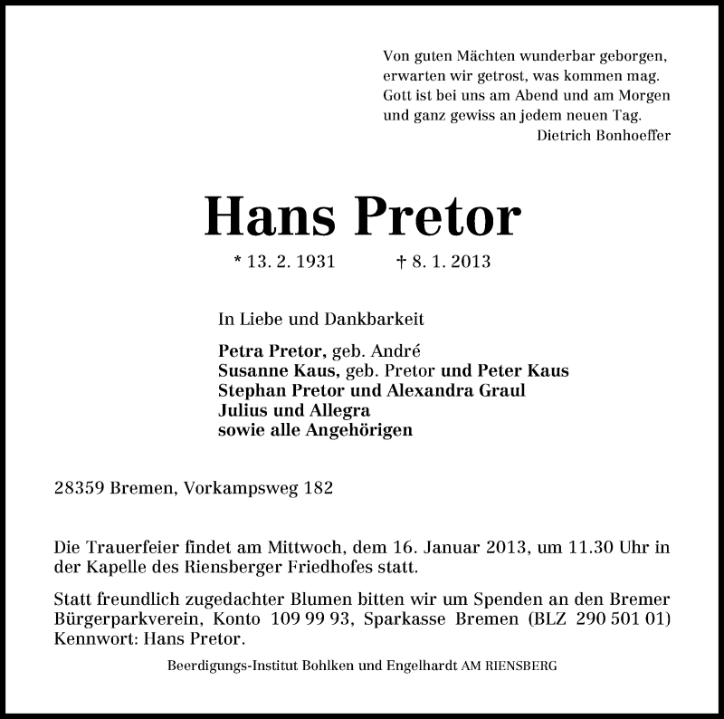 Traueranzeige von Hans Pretor von WESER-KURIER