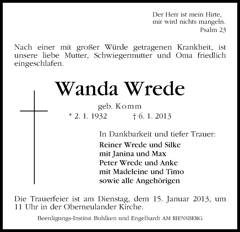 Traueranzeige von Wanda Wrede von WESER-KURIER