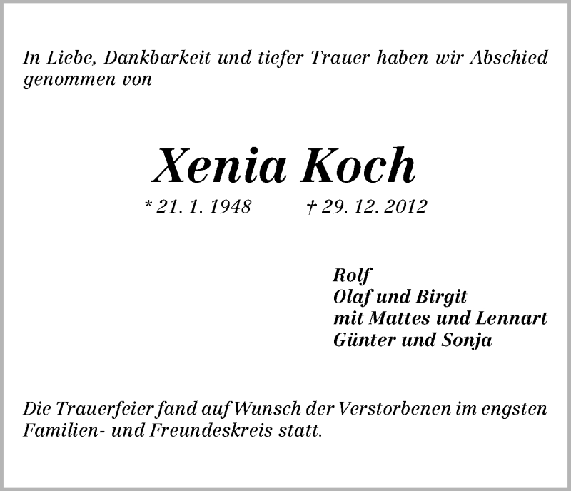 Traueranzeige von Xenia Koch von WESER-KURIER