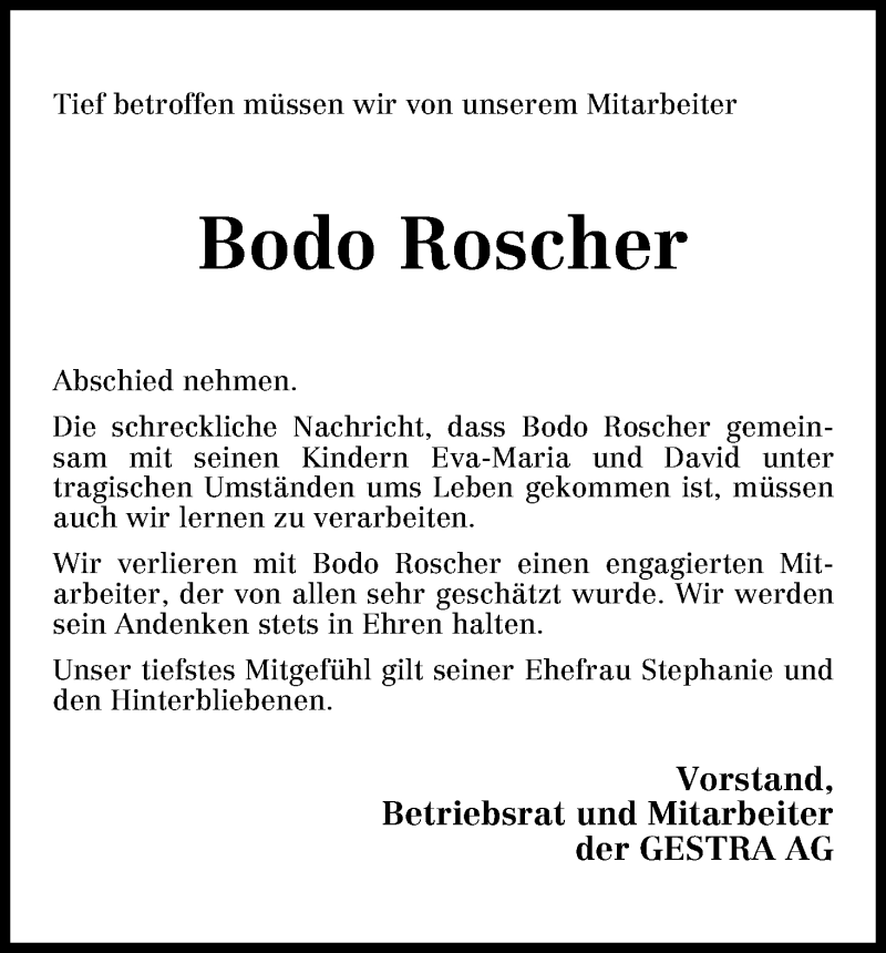 Traueranzeige von Bodo   Roscher von WESER-KURIER