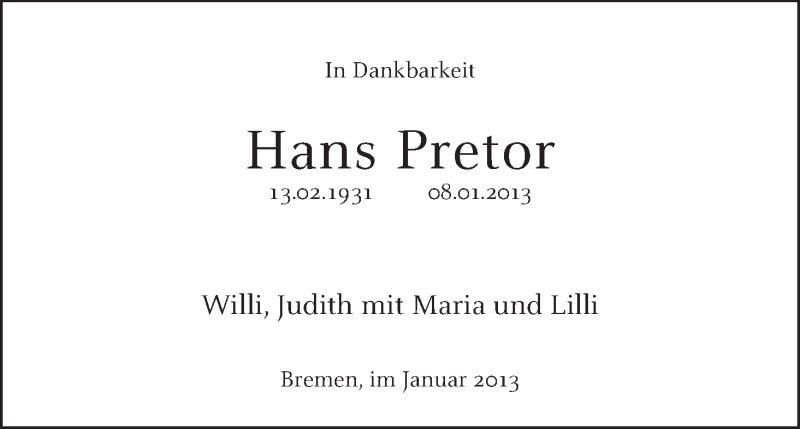 Traueranzeige von Hans Pretor von WESER-KURIER