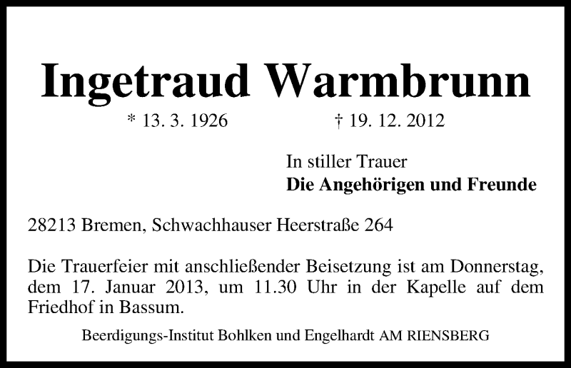 Traueranzeige von Ingetraud Warmbrunn von WESER-KURIER