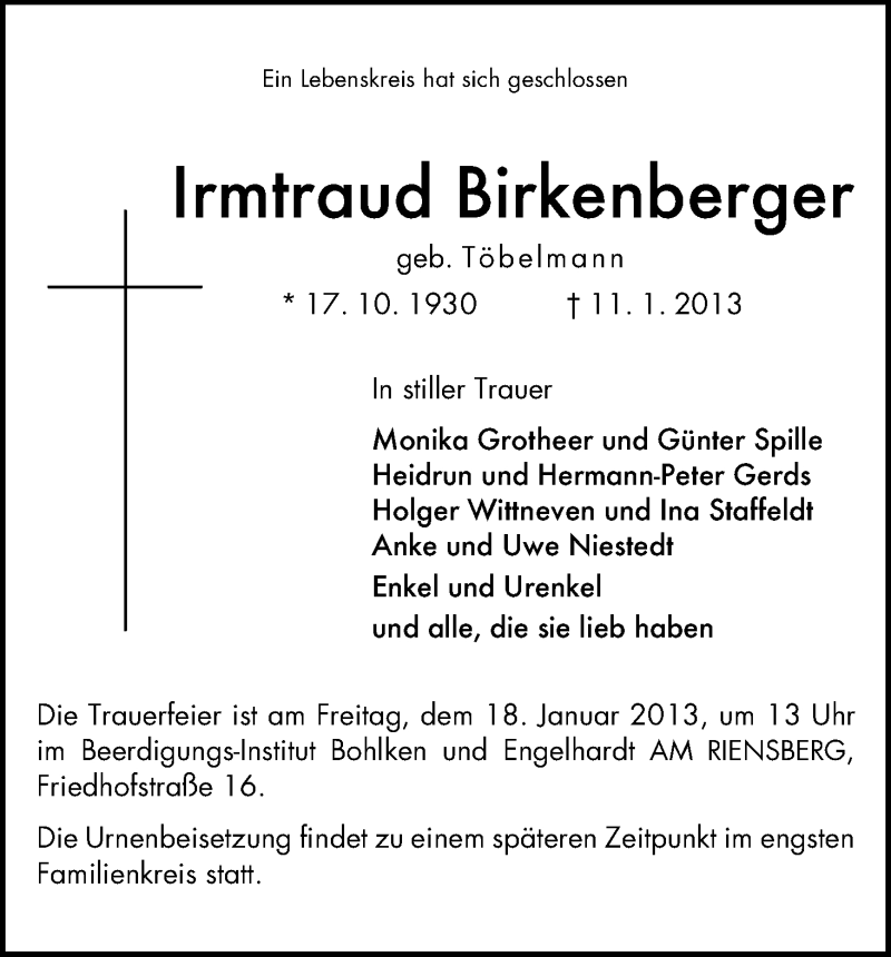Traueranzeige von Irmtraud Birkenberger von WESER-KURIER
