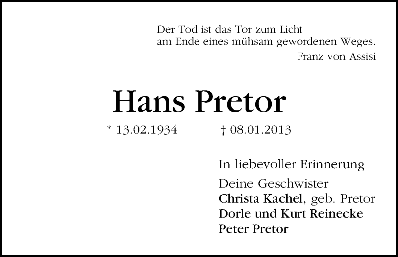 Traueranzeige von Hans Pretor von WESER-KURIER
