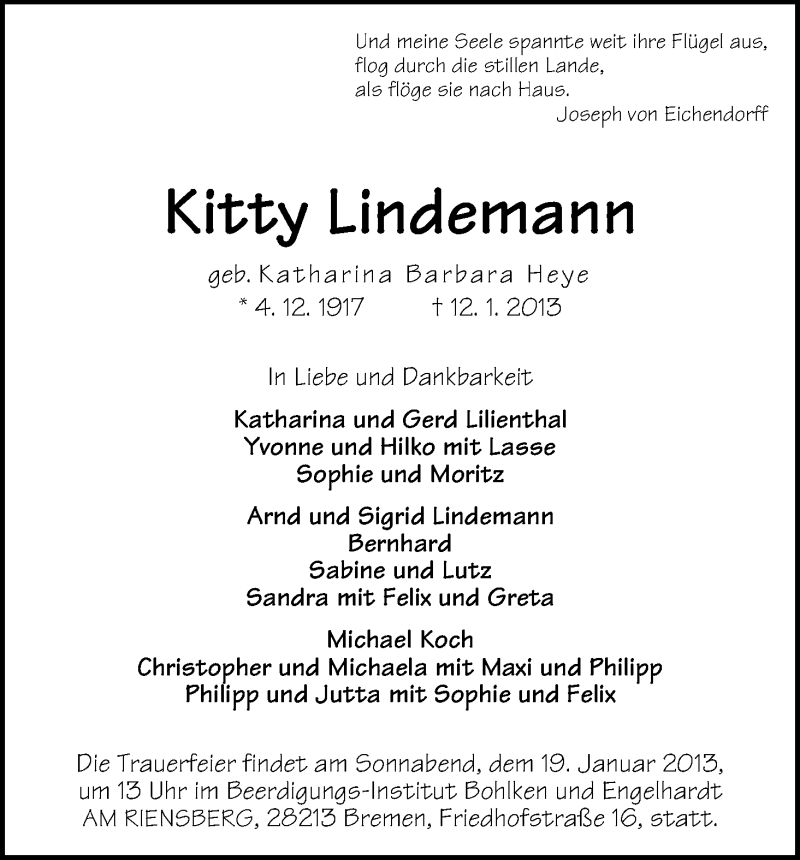 Traueranzeige von Kitty Lindemann von WESER-KURIER