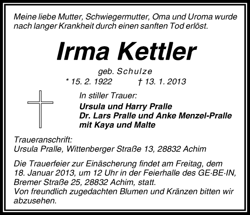 Traueranzeige von Irma Kettler von WESER-KURIER