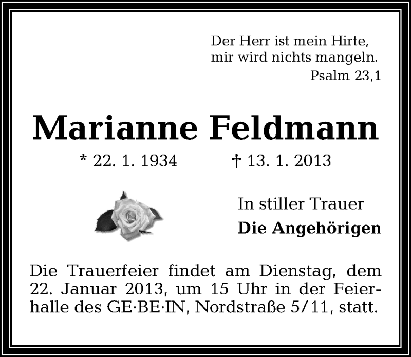 Traueranzeige von Marianne Feldmann von WESER-KURIER