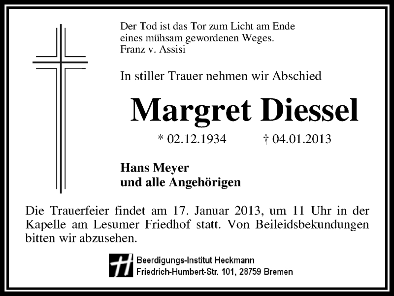 Traueranzeige von Margret Diessel von WESER-KURIER