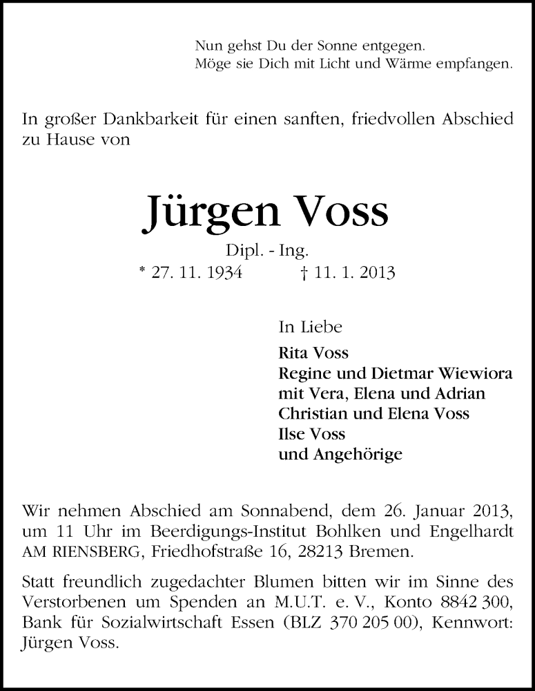 Traueranzeige von Jürgen Voss von WESER-KURIER