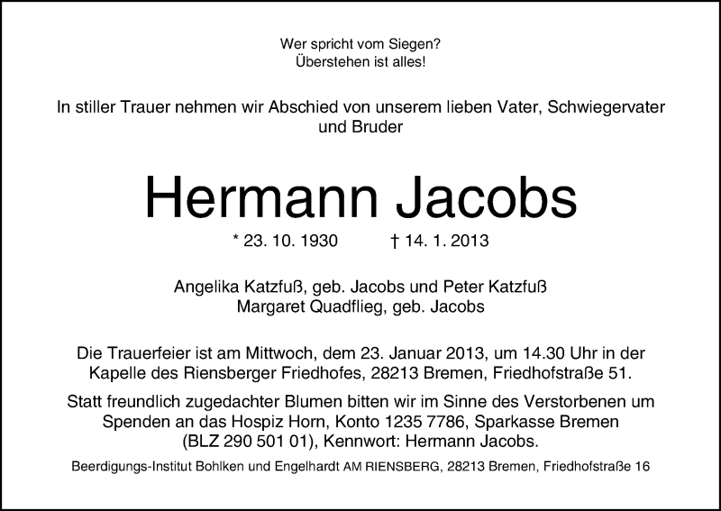 Traueranzeige von Hermann Jacobs von WESER-KURIER
