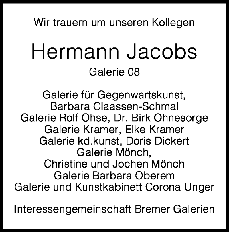 Traueranzeige von Hermann Jacobs von WESER-KURIER