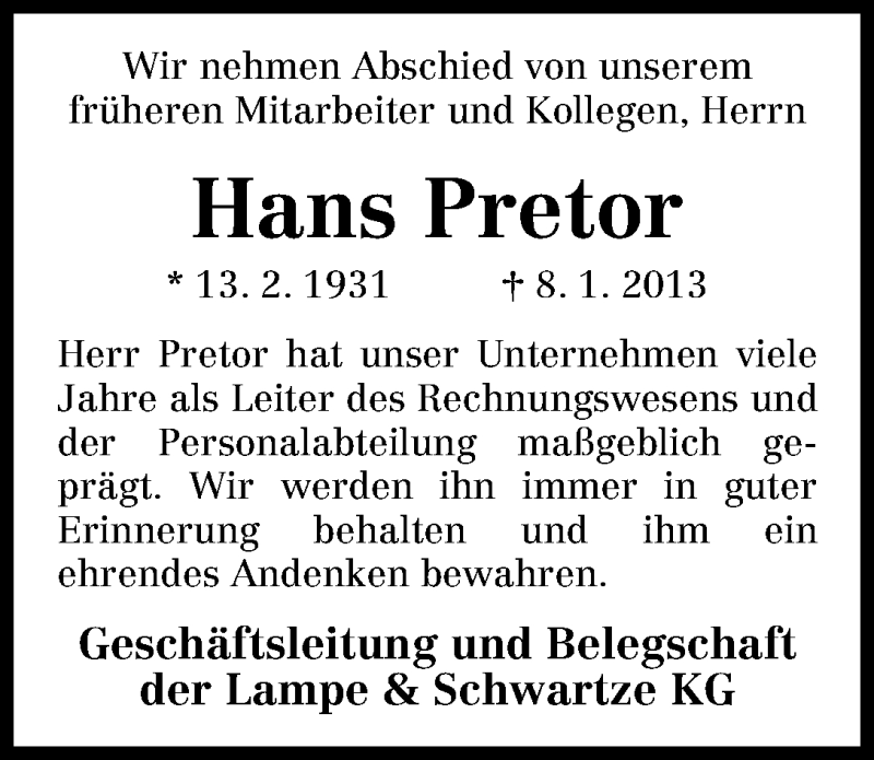 Traueranzeige von Hans Pretor von WESER-KURIER