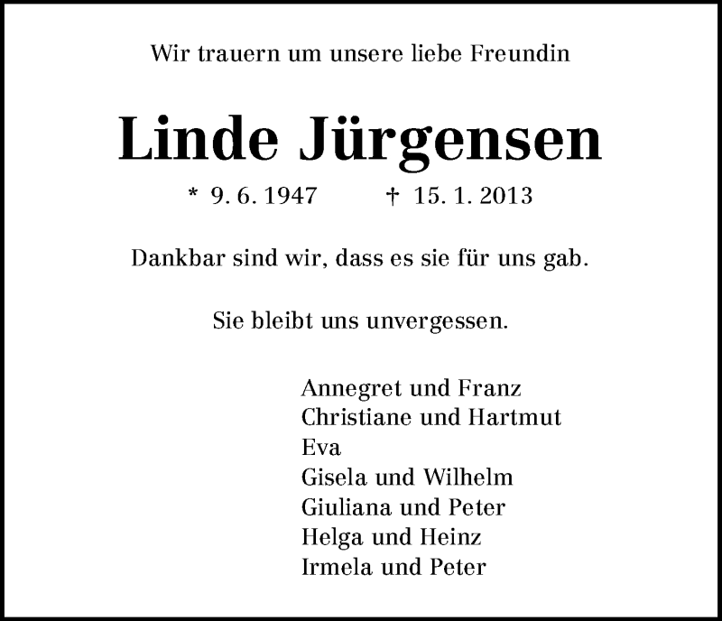 Traueranzeige von Linde Jürgensen von WESER-KURIER